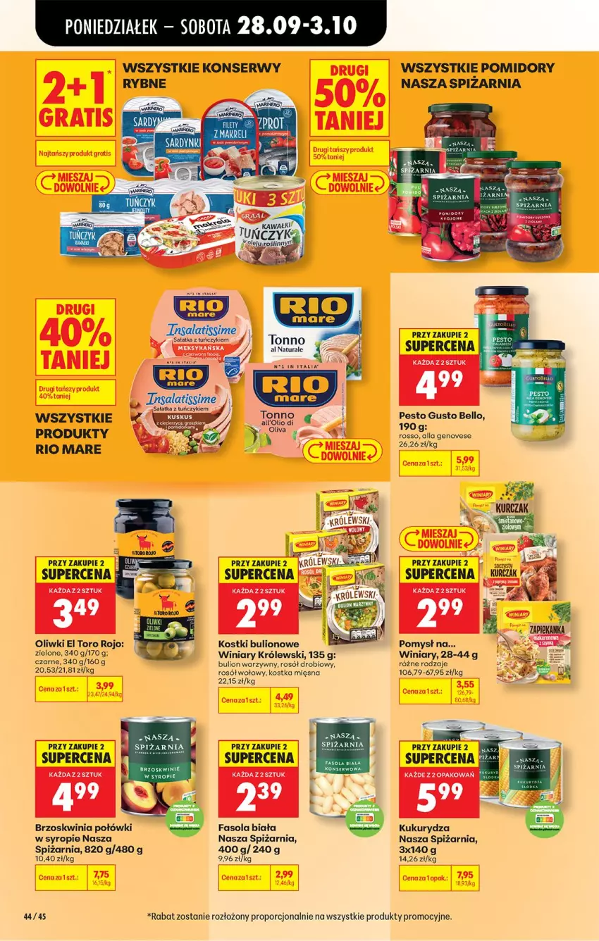 Gazetka promocyjna Biedronka - Od Poniedziałku - ważna 28.09 do 03.10.2026 - strona 70 - produkty: Brzoskwinie, Bulion, Fa, Fasola, Gra, Królewski, Kukurydza, LG, Lion, Oliwki, Pomidory, Por, Rio Mare, Rosół, Rosół drobiowy, Rosół wołowy, Sałat, Sałatka, Ser, Syrop, Tuńczyk, Winiary