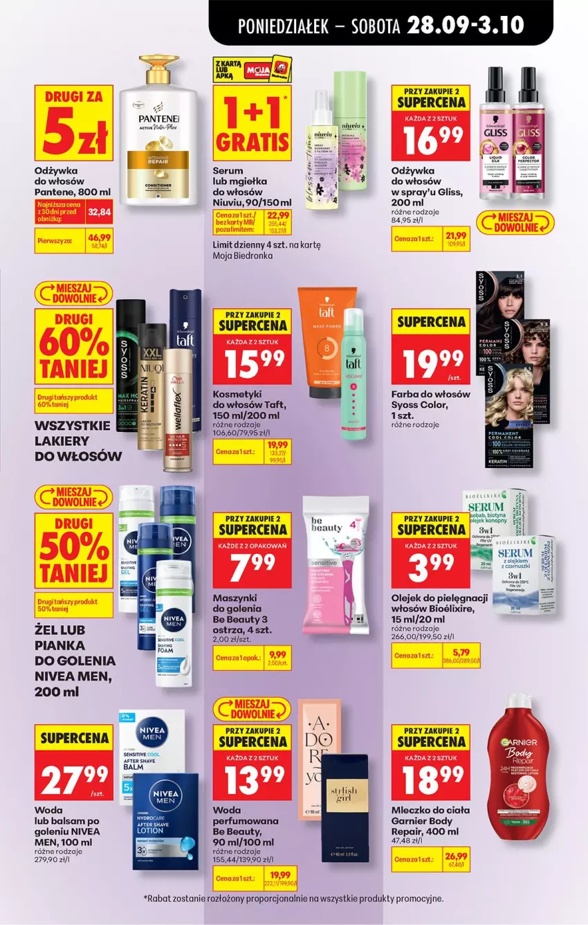 Gazetka promocyjna Biedronka - Od Poniedziałku - ważna 28.09 do 03.10.2026 - strona 91 - produkty: Be Be, Body, Fa, Farba do włosów, Garnier, Lakier, Mleczko, Mleczko do ciała, NHL, Nivea, Nivea Men, Odzywka do włosów, Olej, Pantene, Perfum, Por, Rum, Ser, Serum, Syoss, Taft, Woda, Woda perfumowana