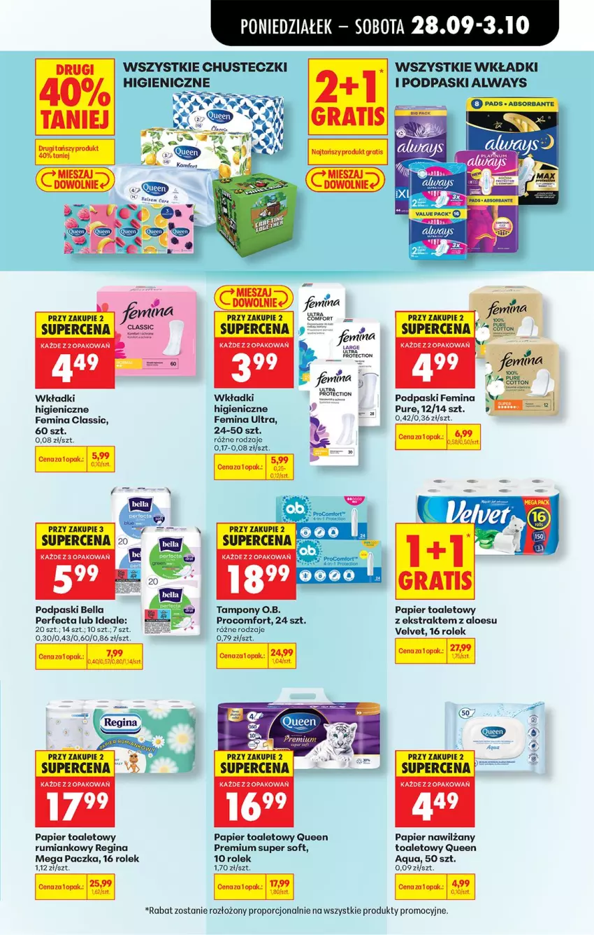 Gazetka promocyjna Biedronka - Od Poniedziałku - ważna 28.09 do 03.10.2026 - strona 93 - produkty: Always, Bell, Bella, Chusteczki, Fa, Gin, Gra, O.B., Papier, Papier toaletowy, Perfecta, Podpaski, Por, Pur, Rum, Tampony, Velvet, Wkładki