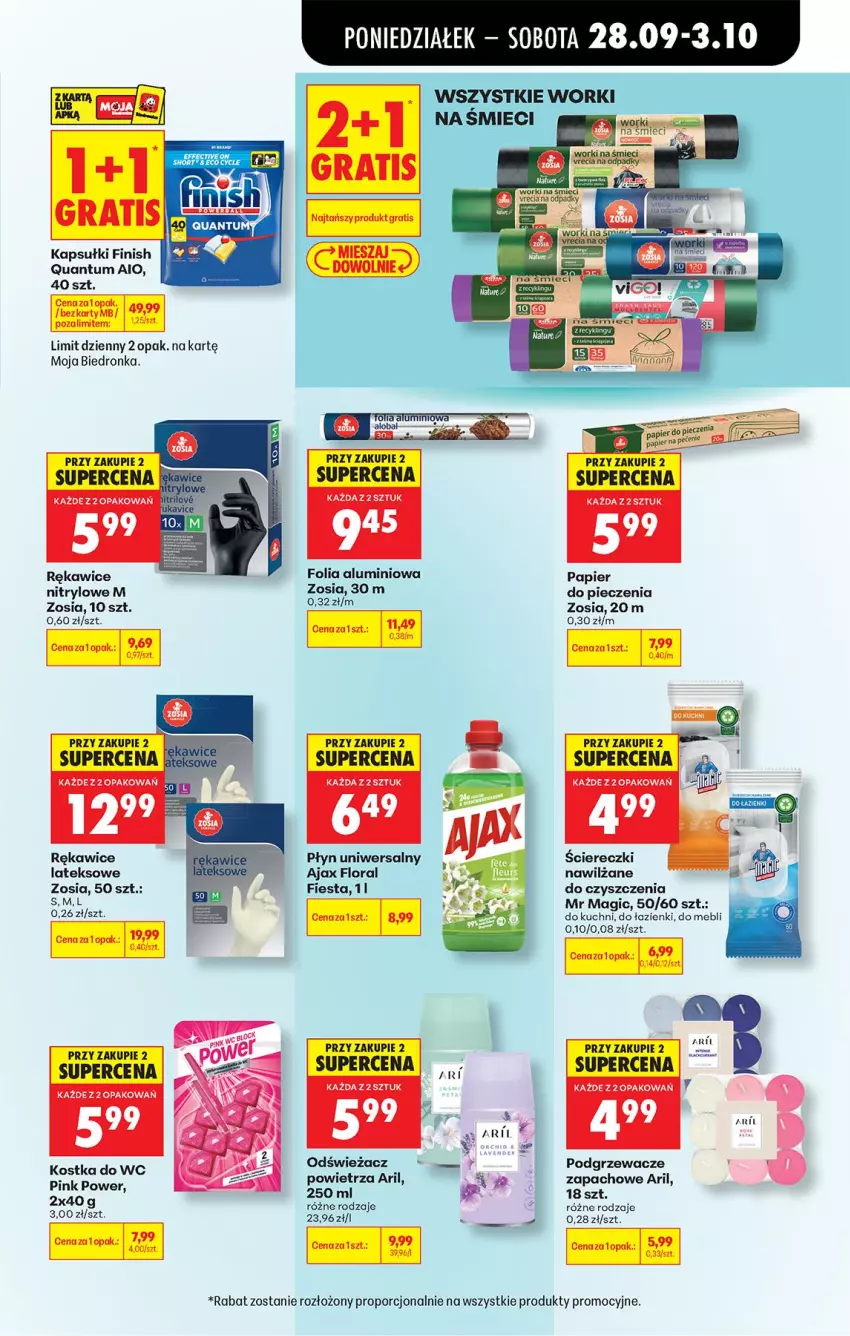 Gazetka promocyjna Biedronka - Od Poniedziałku - ważna 28.09 do 03.10.2026 - strona 97 - produkty: Ajax, Finish, Flora, Folia aluminiowa, Gra, Kostka do wc, Odświeżacz powietrza, Papier, Papier do pieczenia, Piec, Podgrzewacze, Por, Rękawice, Worki na śmiec, Worki na śmieci