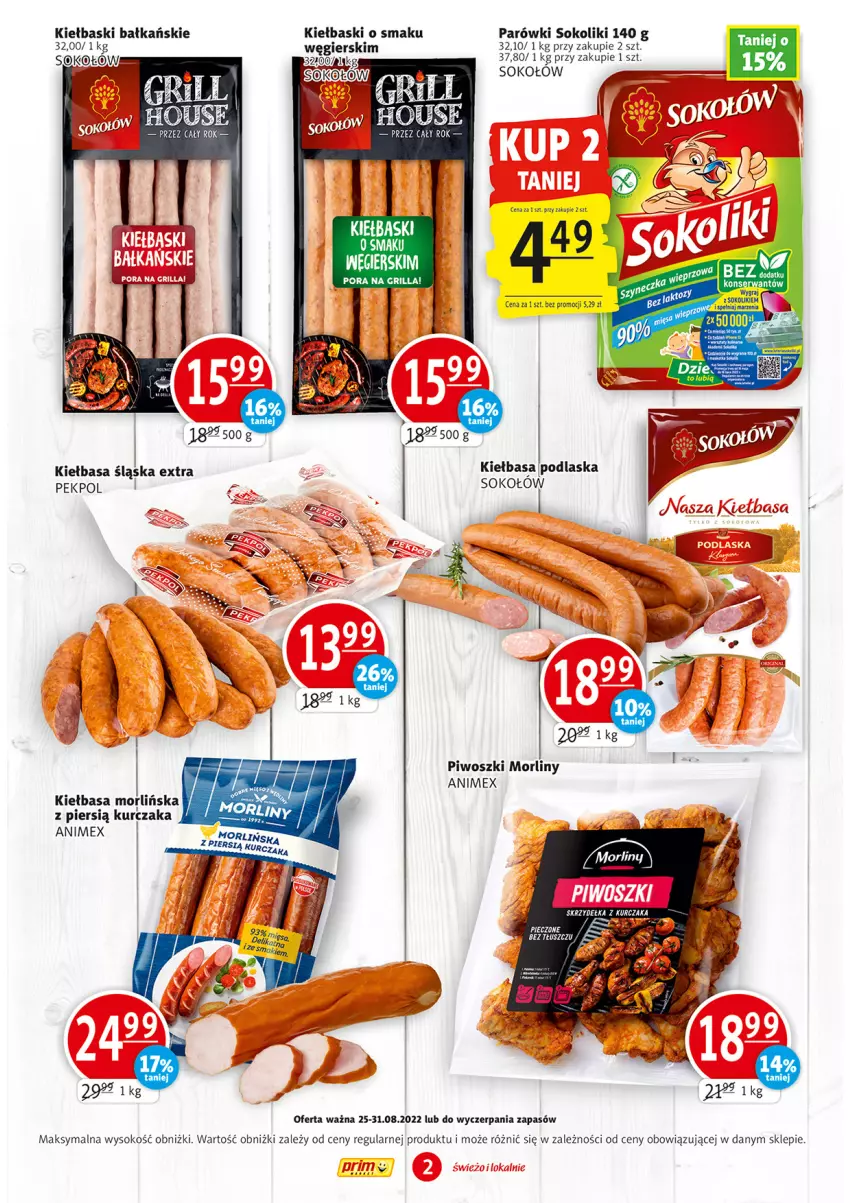 Gazetka promocyjna Prim Market - ważna 25.08 do 31.08.2022 - strona 2 - produkty: Grill, Kiełbasa, Kiełbasa śląska, Kurczak, Morliny, Parówki, Parówki sokoliki, Pekpol, Piwo, Por, Skrzydełka z kurczaka, Sok, Sokołów