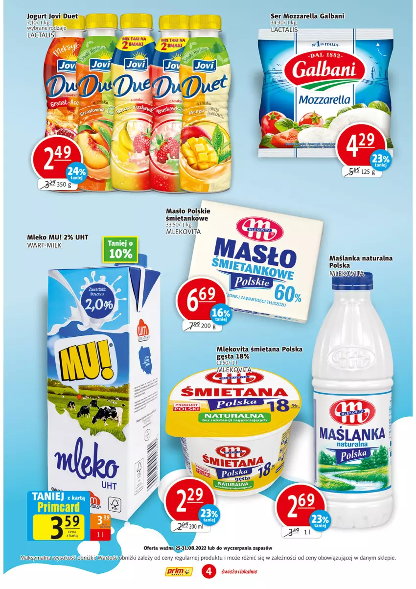 Gazetka promocyjna Prim Market - ważna 25.08 do 31.08.2022 - strona 4 - produkty: Galbani, Jogurt, Maślanka, Masło, Mleko, Mlekovita, Mozzarella, Ser
