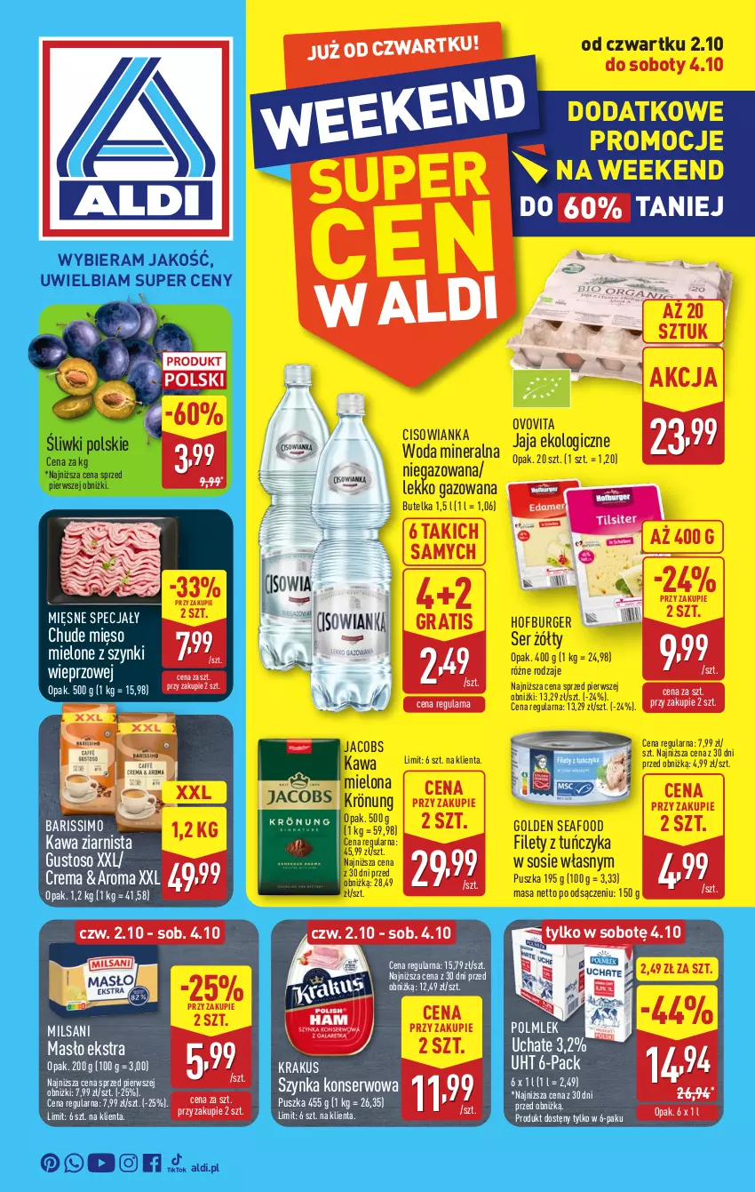 Gazetka promocyjna Aldi - Światełko pamięci - ważna 02.10 do 04.10.2025 - strona 1 - produkty: Burger, Cisowianka, Golden Seafood, Gra, Hofburger, Jacobs, Jaja, Kawa, Kawa mielona, Kawa ziarnista, Krakus, Masło, Mięsne specjały, Mięso, Mięso mielone, Mięso mielone z szynki, POLMLEK, Ser, Sos, Szynka, Szynka konserwowa, Tuńczyk, Woda, Woda mineralna