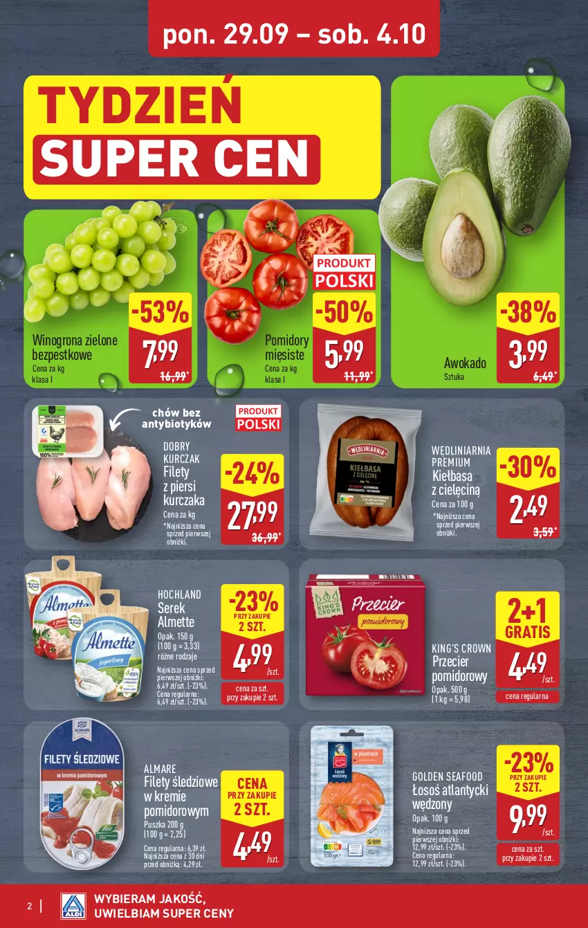 Gazetka promocyjna Aldi - Światełko pamięci - ważna 02.10 do 04.10.2025 - strona 2 - produkty: Almette, Golden Seafood, Gra, Hochland, Kiełbasa, King’s Crown, Kurczak, Pomidory, Ser, Serek, Wino, Winogrona