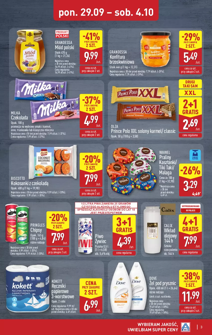 Gazetka promocyjna Aldi - Światełko pamięci - ważna 02.10 do 04.10.2025 - strona 3 - produkty: Chipsy, Czekolada, Dove, Gra, Kokos, Konfitura, Milka, Miód, Olej, Oreo, Papier, Piwa, Piwo, Praliny, Prince Polo, Pringles, Ręcznik, Ręczniki papierowe, Rolki, Sanki, Wawel, Wkład olejowy