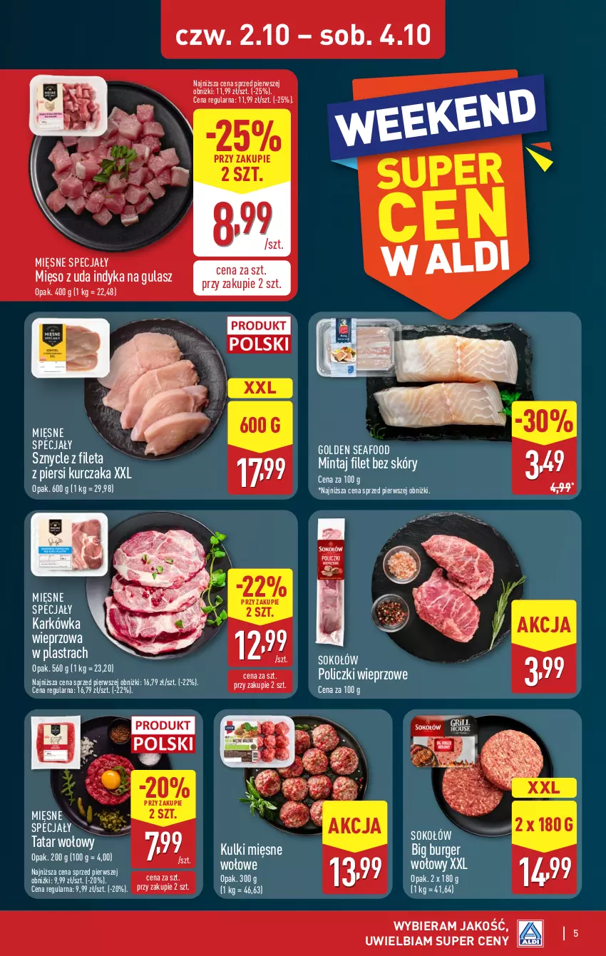 Gazetka promocyjna Aldi - Światełko pamięci - ważna 02.10 do 04.10.2025 - strona 5 - produkty: Burger, Golden Seafood, Karkówka wieprzowa, Kurczak, Mięsne specjały, Mięso, Mintaj, Sok, Sokołów, Tatar wołowy