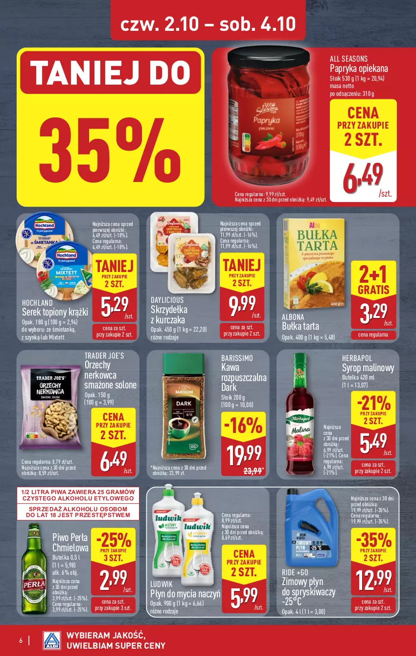 Gazetka promocyjna Aldi - Światełko pamięci - ważna 02.10 do 04.10.2025 - strona 6 - produkty: Albona, All Seasons, Bułka, Bułka tarta, Do mycia naczyń, Gra, Herbapol, Hochland, Kawa, Kawa rozpuszczalna, Kurczak, Ludwik, Papryka, Perła, Piwa, Piwo, Płyn do mycia, Płyn do mycia naczyń, Płyn do spryskiwaczy, Ser, Serek, Skrzydełka z kurczaka, Syrop, Tarta, Top