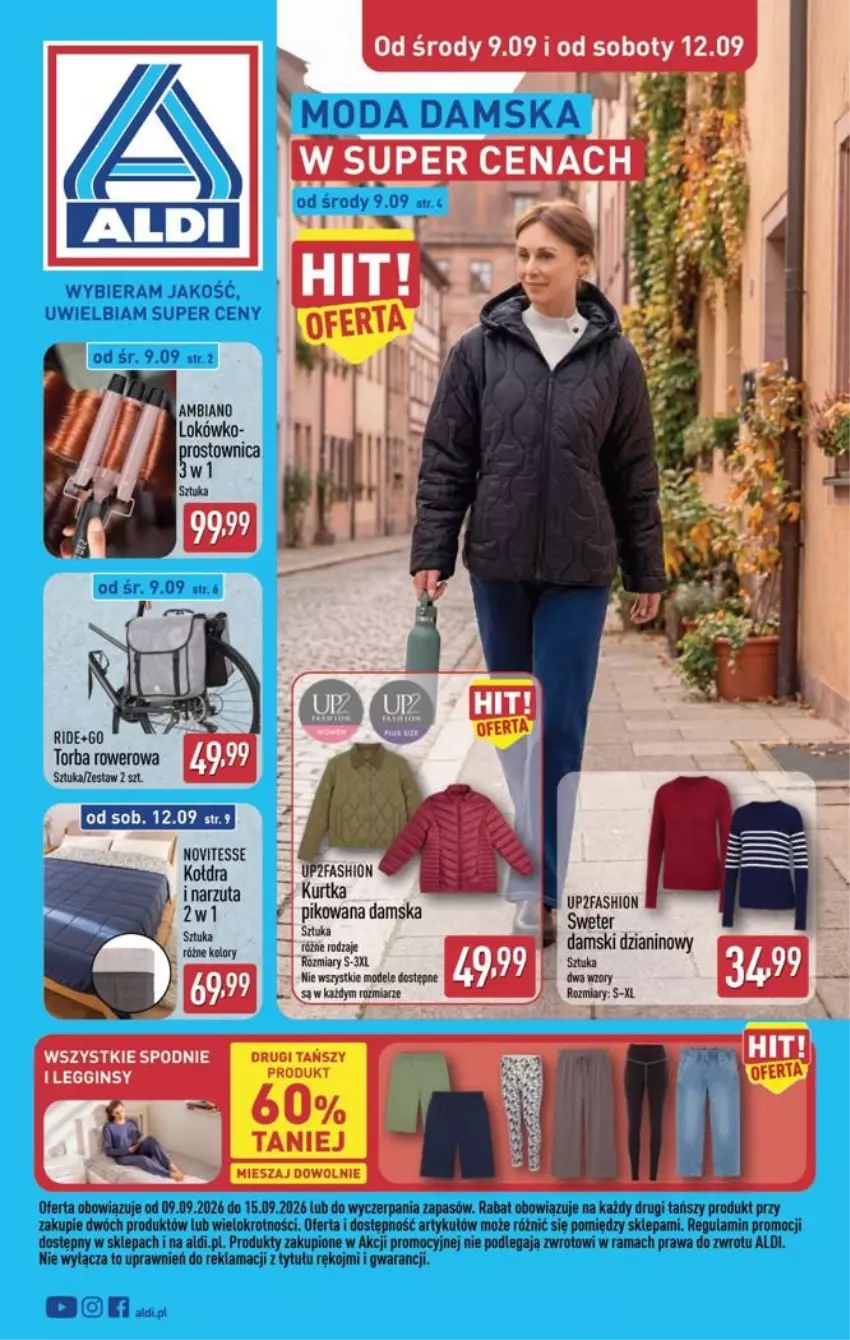 Gazetka promocyjna Aldi - Przygotuj się na kolejny tydzień - ważna 09.09 do 12.09.2026 - strona 1 - produkty: Fa, Gin, Kołdra, Kurtka, Legginsy, Moda, Narzuta, Por, Rama, Rower, Spodnie, Sweter, Torba
