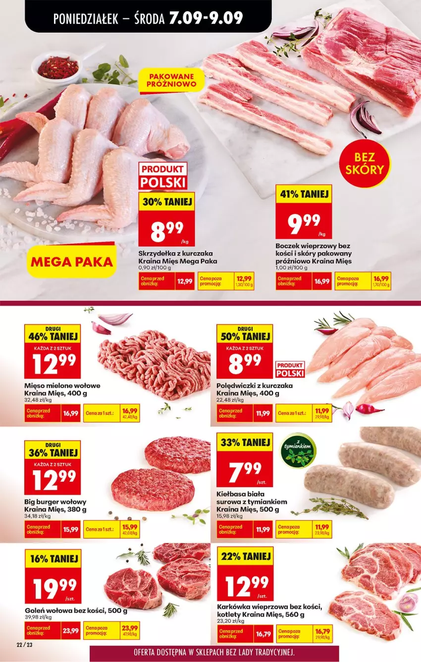 Gazetka promocyjna Biedronka - Od Poniedziałku - ważna 07.09 do 12.09.2026 - strona 22 - produkty: Boczek, Boczek wieprzowy, Burger, Karkówka wieprzowa, Kiełbasa, Kiełbasa biała, Kotlet, Kurczak, Mięso, Mięso mielone, Polędwiczki z kurczaka, Skrzydełka z kurczaka