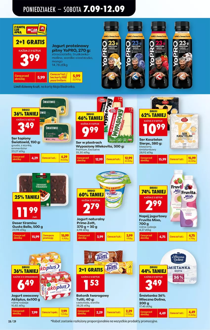 Gazetka promocyjna Biedronka - Od Poniedziałku - ważna 07.09 do 12.09.2026 - strona 34 - produkty: Aktiplus, Baton, Batonik twarogowy, Bell, Czekolada, Deser, Emmental, Fa, Gouda, Gra, Jogurt, Jogurt naturalny, Kasztelan, Mango, Mleko, Mlekovita, Napój, Napój jogurtowy, Papaja, Por, Ser, Ser Kasztelan, Ser topiony, Tonik, Top, Wella, Zott