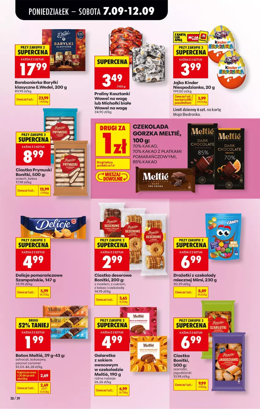 Gazetka promocyjna Biedronka - Od Poniedziałku - ważna 07.09 do 12.09.2026 - strona 44 - produkty: Baryłki, Baton, Bonitki, Ciastka, Czekolada, Delicje, Deser, Gala, Galaretka, Kakao, Kinder, Kokos, Michałki, Praliny, Ser, Sok, Wawel