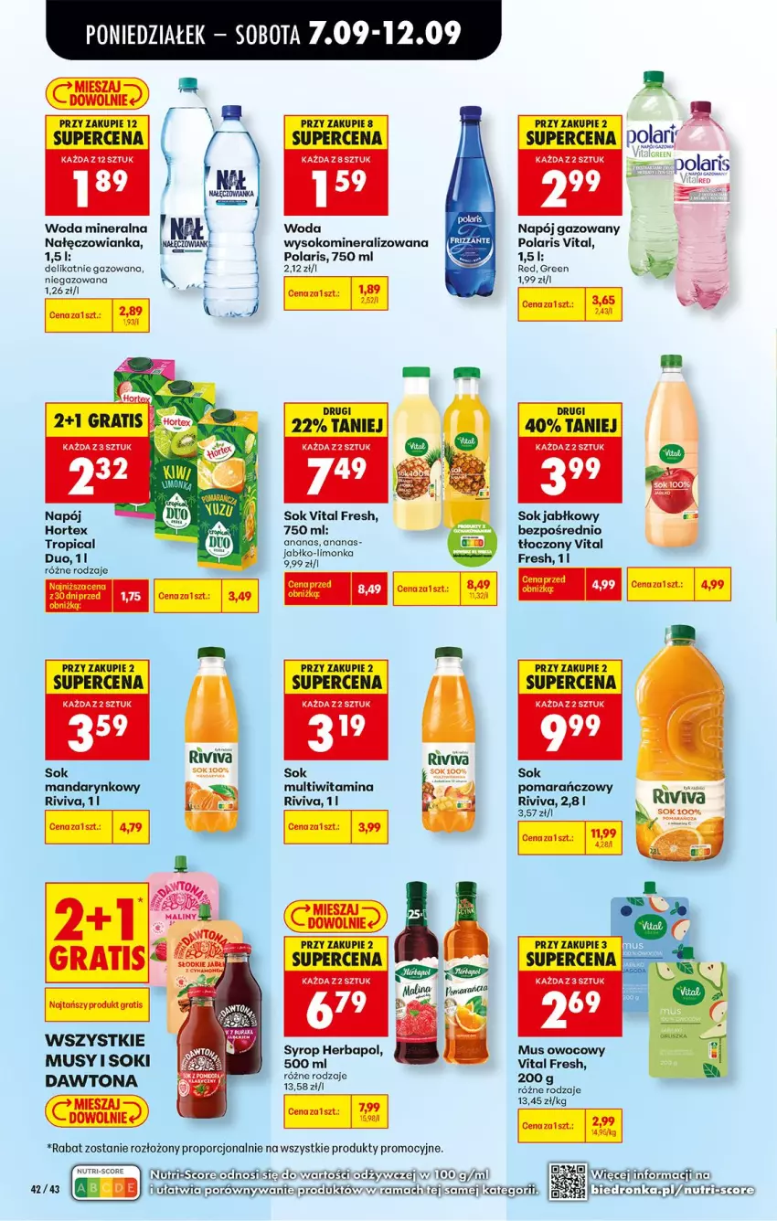Gazetka promocyjna Biedronka - Od Poniedziałku - ważna 07.09 do 12.09.2026 - strona 54 - produkty: Dawtona, Gra, Hortex, Mus, Nałęczowianka, Napój, Napój gazowany, Por, Rama, Sok, Sok jabłkowy, Tropical, Woda, Woda mineralna