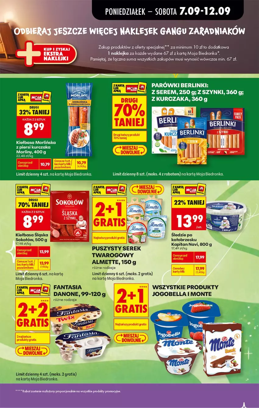 Gazetka promocyjna Biedronka - Od Poniedziałku - ważna 07.09 do 12.09.2026 - strona 59 - produkty: Almette, Bell, Bella, Berlinki, Danone, Fa, Fanta, Gra, Jogobella, Kiełbasa, Kiełbasa śląska, Klej, Kurczak, Monte, Morliny, Mus, Parówki, Por, Ser, Serek, Sok, Sokołów