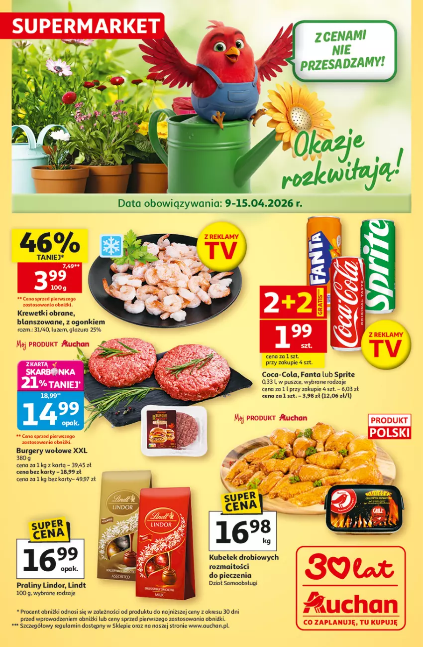 Gazetka promocyjna Auchan - 30 Lat Supermarket - ważna 09.04 do 15.04.2026 - strona 1 - produkty: Burger, Coca-Cola, Fa, Fanta, Glazura, Krewetki, Lazur, Lindor, Lindt, Piec, Praliny, Sprite