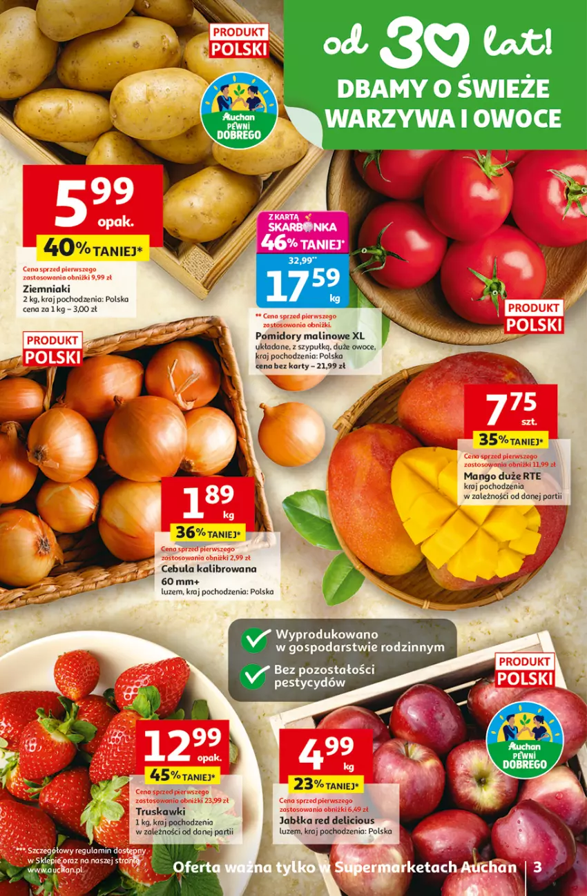 Gazetka promocyjna Auchan - 30 Lat Supermarket - ważna 09.04 do 15.04.2026 - strona 3 - produkty: Cebula, Jabłka, Mango, Owoce, Pomidory, Truskawki, Warzywa, Warzywa i owoce, Ziemniaki