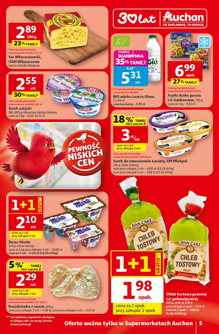 Gazetka promocyjna Auchan - 30 Lat Supermarket - ważna 09.04 do 15.04.2026 - strona 5 - produkty: Deser, Mleko, Monte, Olma, Ser, Serek, Serek wiejski, Włoszczowski
