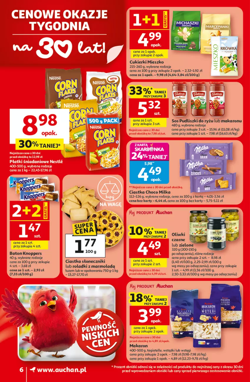 Gazetka promocyjna Auchan - 30 Lat Supermarket - ważna 09.04 do 15.04.2026 - strona 6 - produkty: Baton, Ciastka, Cukier, Cukierki, Fa, Knoppers, Makaron, Milka, Mola, Oliwki, Pudliszki, Ryż, Sos, Tagliatelle
