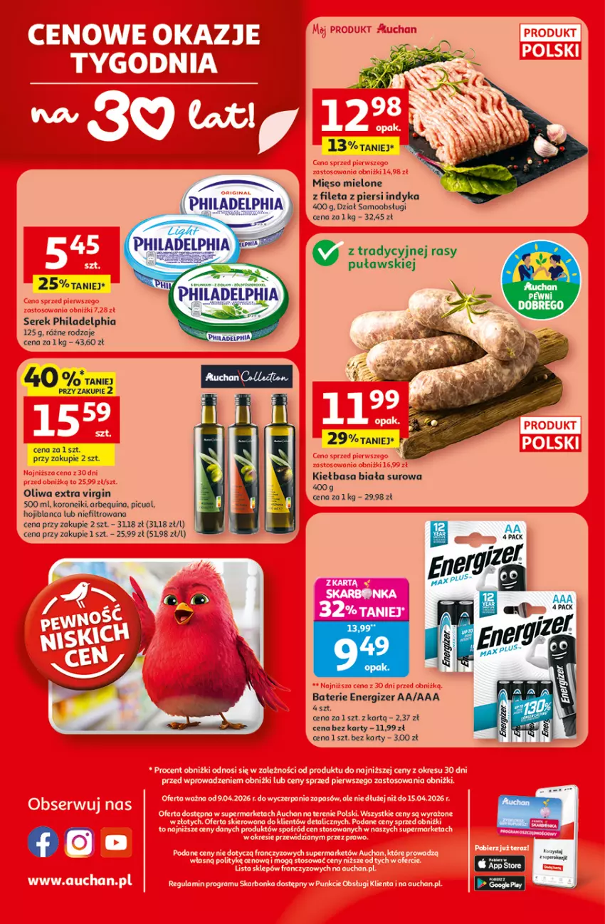 Gazetka promocyjna Auchan - 30 Lat Supermarket - ważna 09.04 do 15.04.2026 - strona 8 - produkty: Energizer, Gin, Kiełbasa, Kiełbasa biała, Oliwa, Philadelphia, Ser, Serek