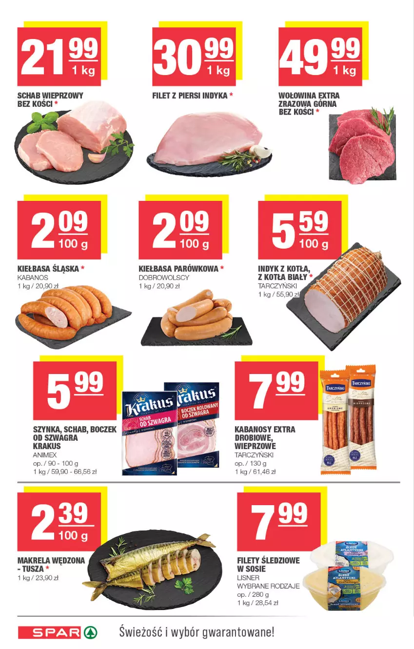 Gazetka promocyjna Spar - Spar - ważna 12.01 do 22.01.2025 - strona 4 - produkty: Boczek, Filet z piersi indyka, Gra, Kabanos, Kiełbasa, Kiełbasa śląska, Krakus, Lisner, Schab wieprzowy, Sos, Szynka, Tarczyński, Tusz, Wołowina