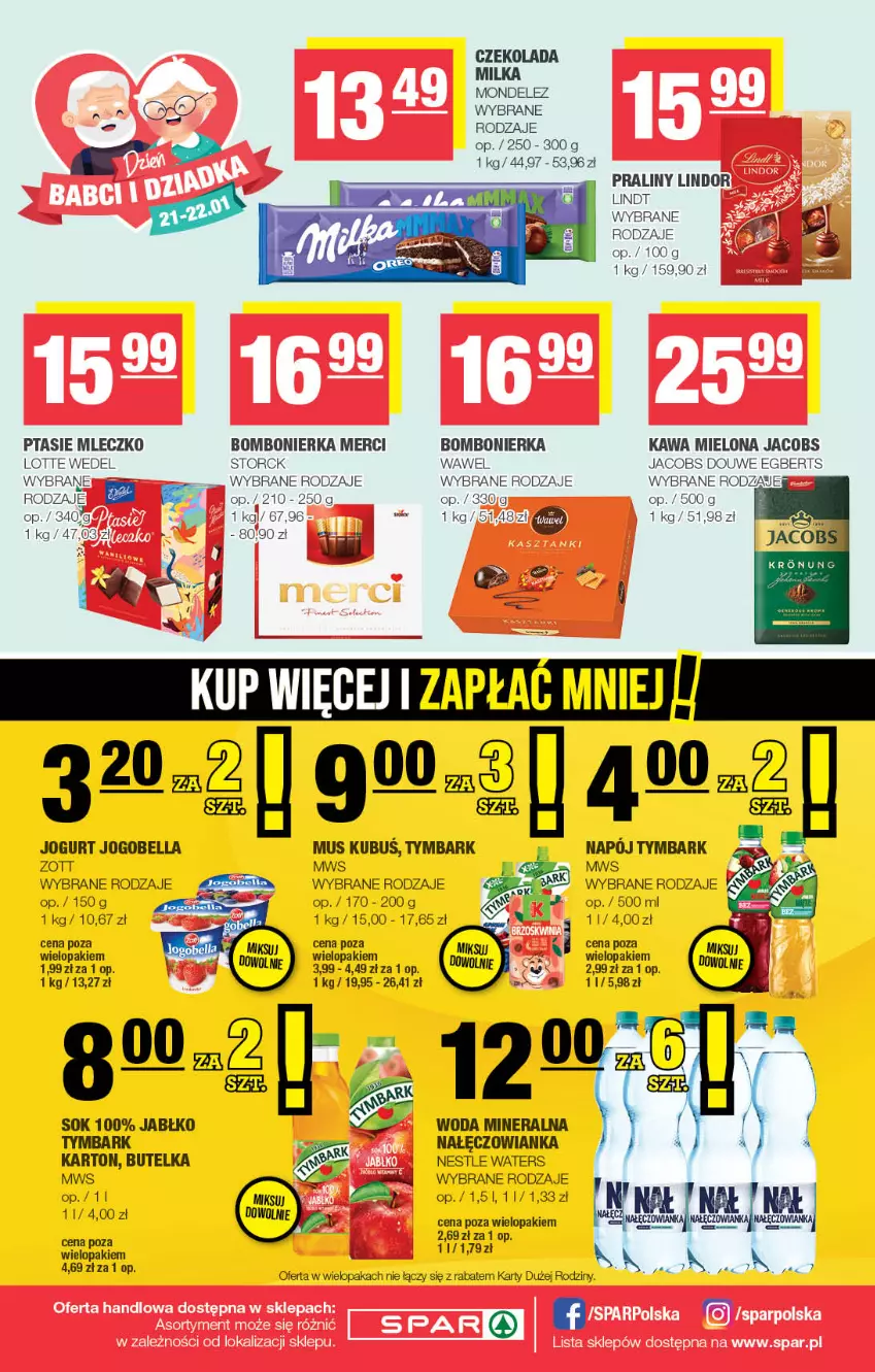 Gazetka promocyjna Spar - Spar - ważna 12.01 do 22.01.2025 - strona 8 - produkty: Bell, Bella, Czekolada, Jacobs, Jogobella, Jogurt, Kawa, Kawa mielona, Kubuś, Lindor, Lindt, Merci, Milka, Mleczko, Mus, Nałęczowianka, Napój, Praliny, Ptasie mleczko, Sok, Tymbark, Wawel, Woda, Woda mineralna, Zott