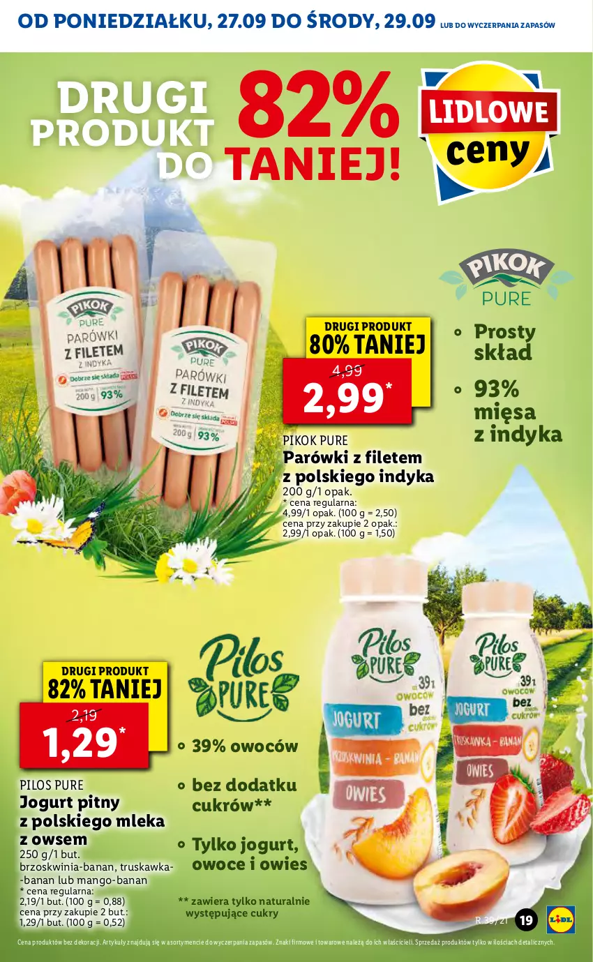 Gazetka promocyjna Lidl - GAZETKA - ważna 27.09 do 29.09.2021 - strona 19 - produkty: Jogurt, Jogurt pitny, Mango, Owoce, Parówki, PIKOK, Pilos, Pur