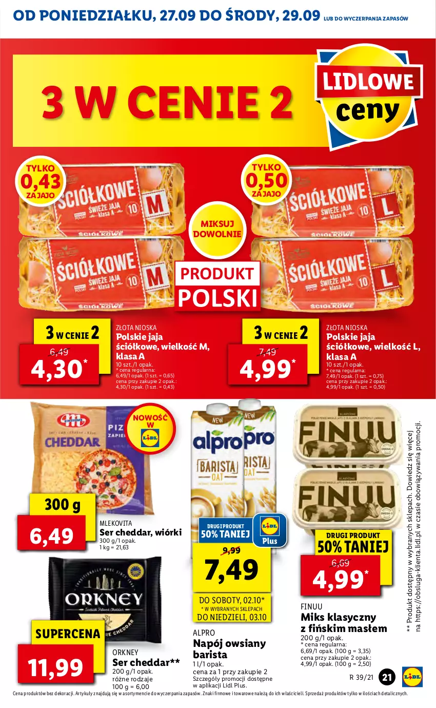 Gazetka promocyjna Lidl - GAZETKA - ważna 27.09 do 29.09.2021 - strona 21 - produkty: Alpro, Cheddar, Finuu, Jaja, Mleko, Mlekovita, Napój, Ser