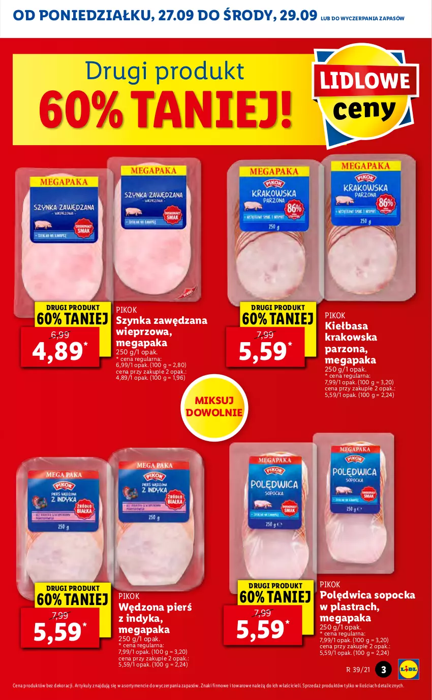 Gazetka promocyjna Lidl - GAZETKA - ważna 27.09 do 29.09.2021 - strona 3 - produkty: Kiełbasa, Kiełbasa krakowska, PIKOK, Polędwica, Szynka