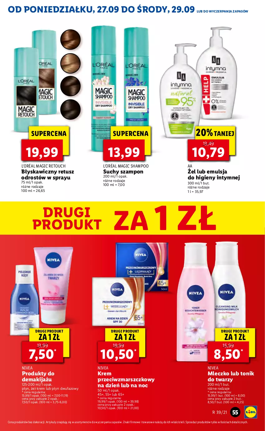 Gazetka promocyjna Lidl - GAZETKA - ważna 27.09 do 29.09.2021 - strona 55 - produkty: Emulsja, Fa, Krem przeciwzmarszczkowy, L’Oréal, Makijaż, Mars, Mleczko, Nivea, Suchy szampon, Szampon, Tonik, Tonik do twarzy, Tusz