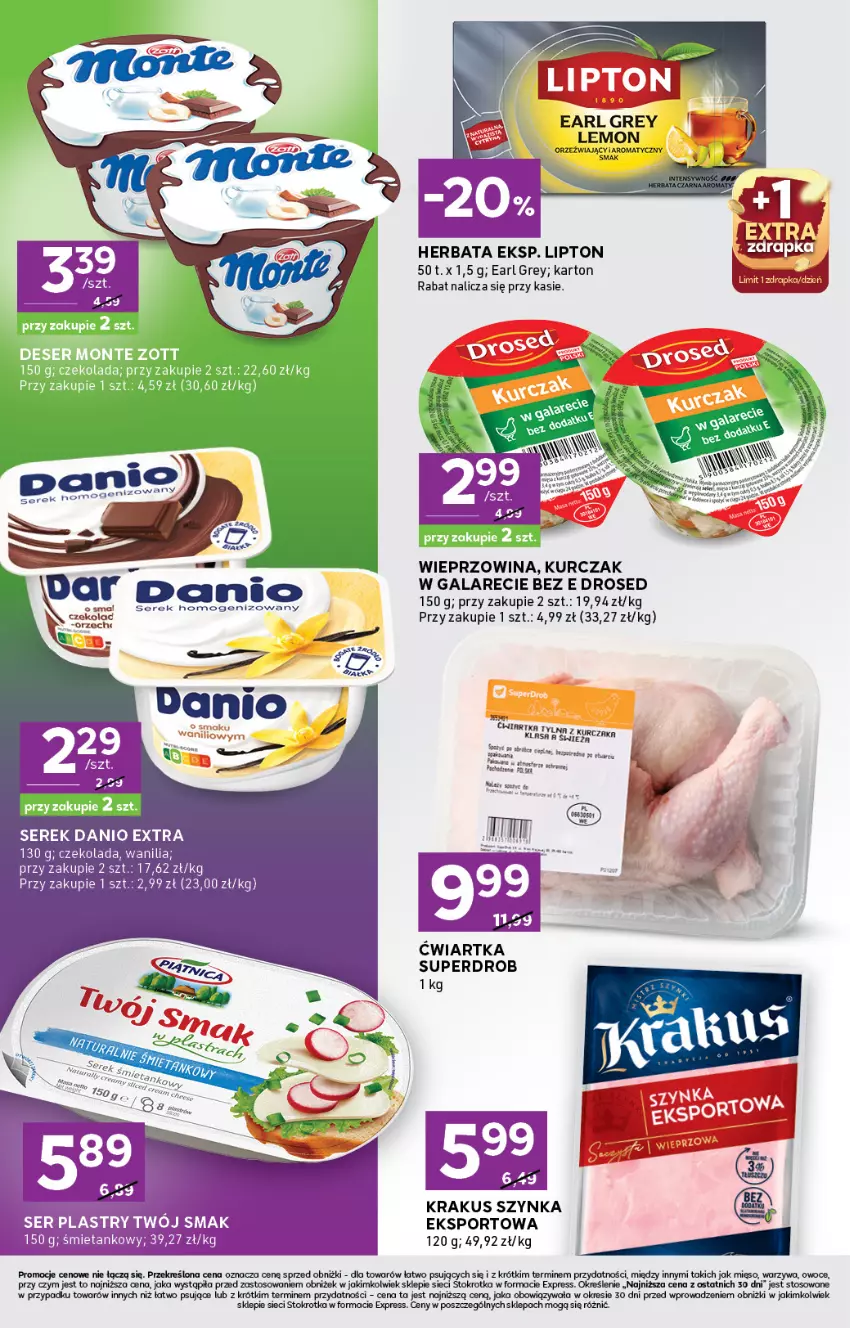 Gazetka promocyjna Stokrotka - Stokrotka Express - ważna 16.10 do 22.10.2025 - strona 4 - produkty: Czekolada, Danio, Earl Grey, Gala, Gra, Herbata, Krakus, Kurczak, LG, Lipton, Mięso, Owoce, Por, Ser, Serek, Sport, Szynka, Twój Smak, Warzywa, Wieprzowina
