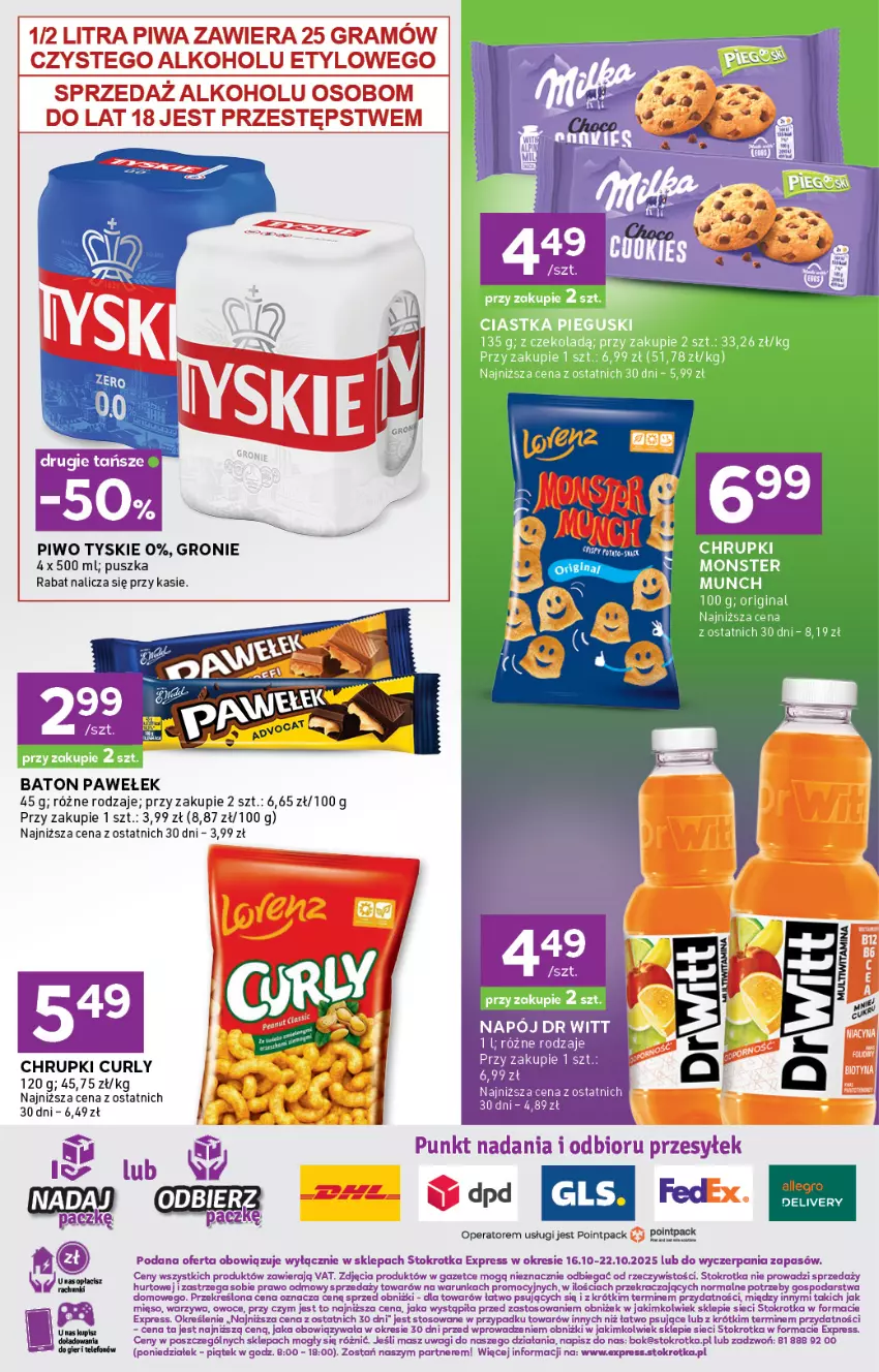 Gazetka promocyjna Stokrotka - Stokrotka Express - ważna 16.10 do 22.10.2025 - strona 6 - produkty: Baton, Chrupki, Ciastka, Gin, Napój, O nas, Piwo, Tyskie, Wagi, Warzywa