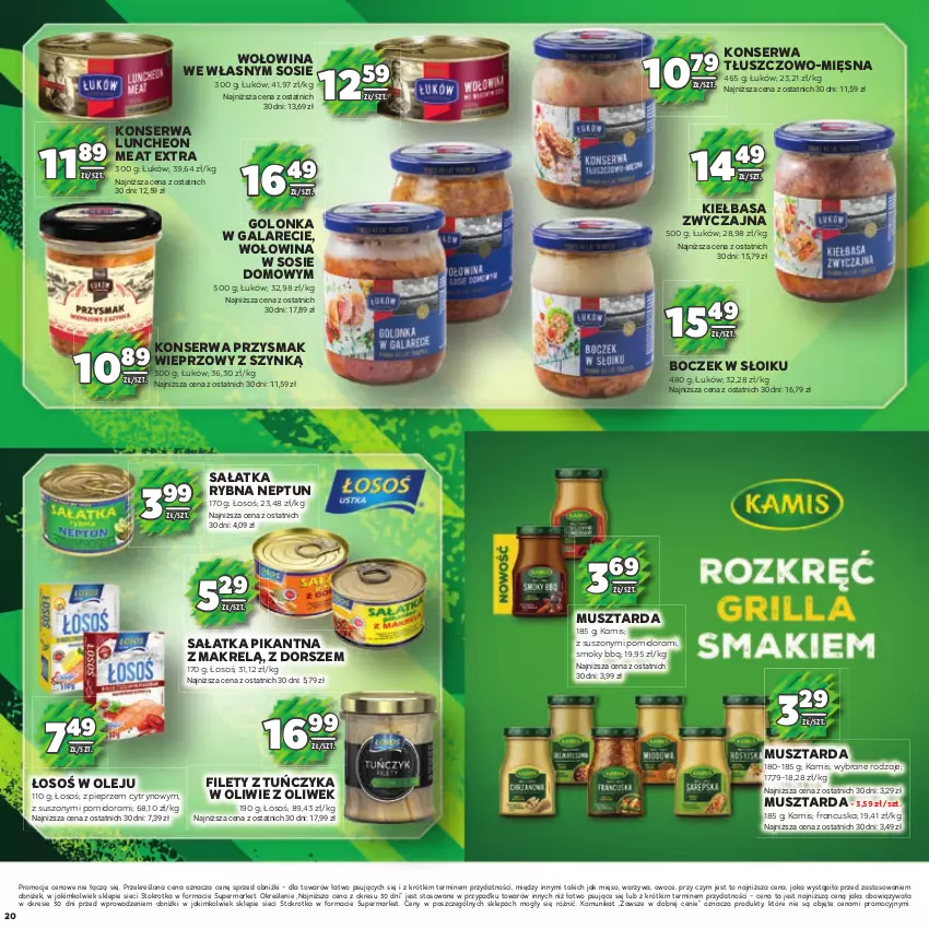 Gazetka promocyjna Stokrotka - Katalog Piłkarski - ważna 13.06.2023 do 26.06.2024 - strona 20 - produkty: Boczek, Dorsz, Gala, Kamis, Kiełbasa, Makrelą, Mięso, Mus, Musztarda, Olej, Owoce, Pieprz, Sałat, Sałatka, Ser, Sos, Tuńczyk, Warzywa, Wołowina