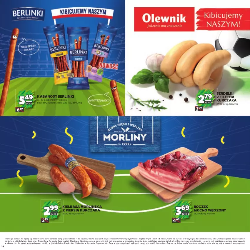 Gazetka promocyjna Stokrotka - Katalog Piłkarski - ważna 13.06.2023 do 26.06.2024 - strona 26 - produkty: Berlinki, Boczek, Kabanos, Kiełbasa, Kurczak, Mięso, Morliny, Olewnik, Owoce, Ser, Serdelki, Warzywa