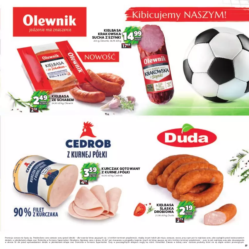 Gazetka promocyjna Stokrotka - Katalog Piłkarski - ważna 13.06.2023 do 26.06.2024 - strona 27 - produkty: Duda, Kiełbasa, Kiełbasa krakowska, Kiełbasa śląska, Kurczak, Kurczak gotowany, Mięso, Olewnik, Owoce, Warzywa