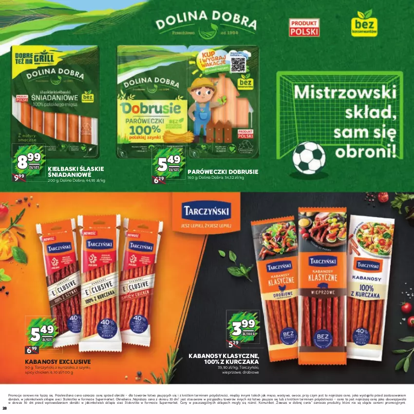 Gazetka promocyjna Stokrotka - Katalog Piłkarski - ważna 13.06.2023 do 26.06.2024 - strona 28 - produkty: Danio, Kabanos, Kiełbaski śląskie, Kurczak, Mięso, Obrus, Owoce, Tarczyński, Warzywa