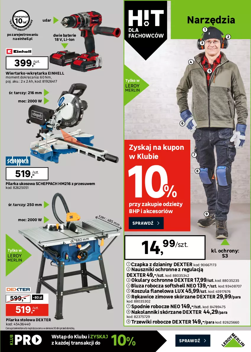 Gazetka promocyjna Leroy Merlin - Gazetka Leroy Merlin - ważna 30.12.2025 do 27.01.2026 - strona 27 - produkty: Bluza, Czapka, Einhell, Fa, HP, Kosz, Koszula, Okulary ochronne, Pilarka stołowa, Pilarka ukosowa, Rękawice, Spodnie, Tarka, Tran, Wkręt, Wkrętarka