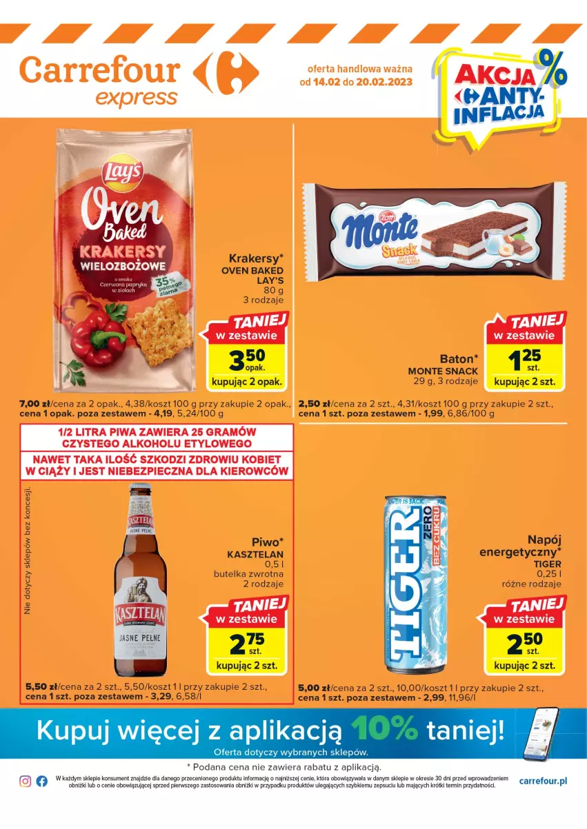 Gazetka promocyjna Carrefour - Gazetka Express - ważna 14.02 do 20.02.2023 - strona 1 - produkty: Baton, Kasztelan, Kosz, Krakersy, Monte, Napój, Piwo, Tiger