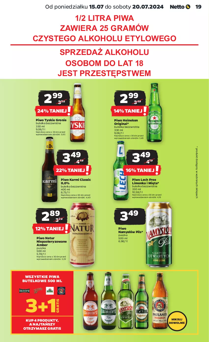 Gazetka promocyjna Netto - Od Poniedziałku - ważna 15.07 do 20.07.2024 - strona 19 - produkty: Gin, Gra, Heineken, Karmi, Limonka, Mięta, Namysłów, Piwa, Piwo, Tyskie