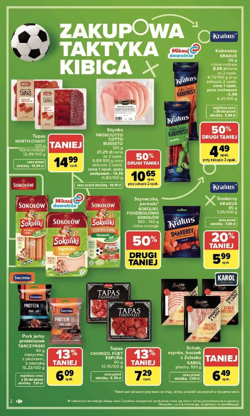 Gazetka promocyjna Carrefour - Gazetka Zakupowa taktyka kibica - ważna 01.06 do 13.06.2026 - strona 2 - produkty: Boczek, Krakus, Parówki, Pieprz, Prosciutto, Sok, Szynka, Tarczyński