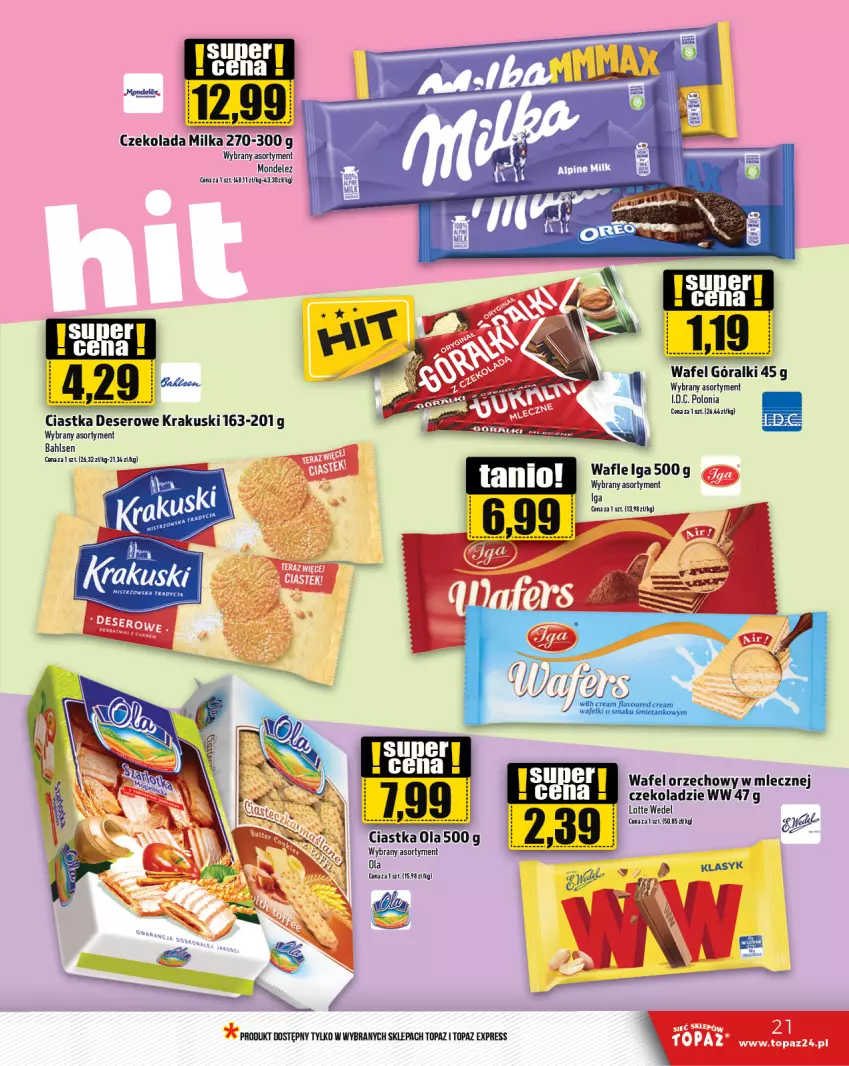 Gazetka promocyjna Topaz - Gazetka - ważna 12.09 do 18.09.2024 - strona 21 - produkty: Ciastka, Czekolada, Deser, Góralki, Krakus, Krakuski, Milka, Ser, Top, Wafle