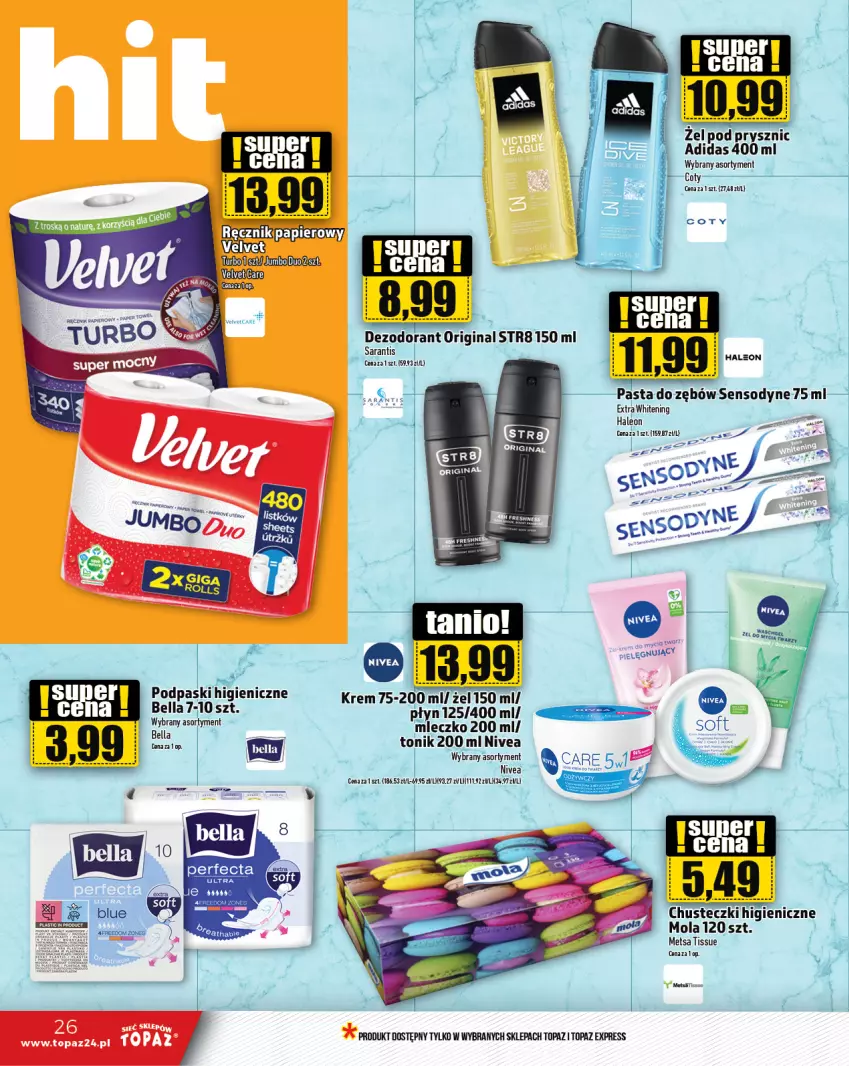 Gazetka promocyjna Topaz - Gazetka - ważna 12.09 do 18.09.2024 - strona 26 - produkty: Adidas, Bell, Bella, Chusteczki, Dezodorant, Gin, Leon, Mleczko, Mola, Nivea, Pasta do zębów, Podpaski, Sensodyne, Str8, Tonik, Top