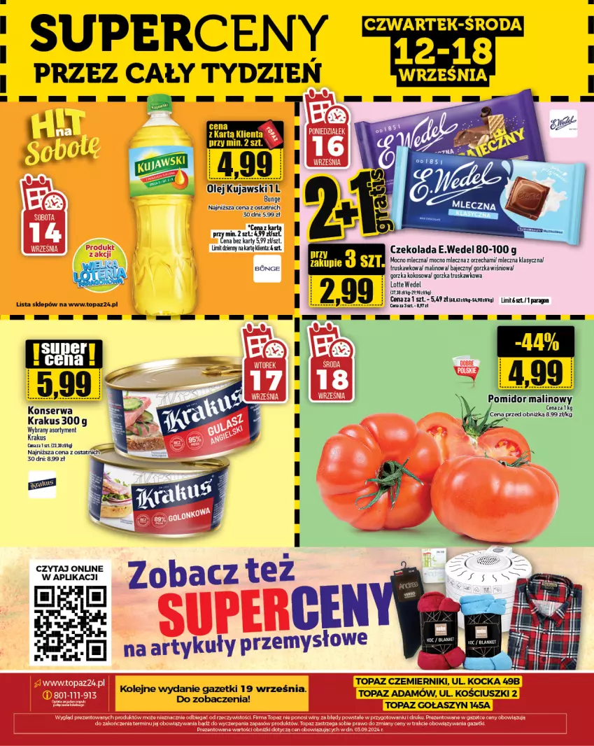 Gazetka promocyjna Topaz - Gazetka - ważna 12.09 do 18.09.2024 - strona 30 - produkty: Czekolada, Koc, Kokos, Krakus, Kujawski, Olej, Pomidor malinowy, Ser, Top