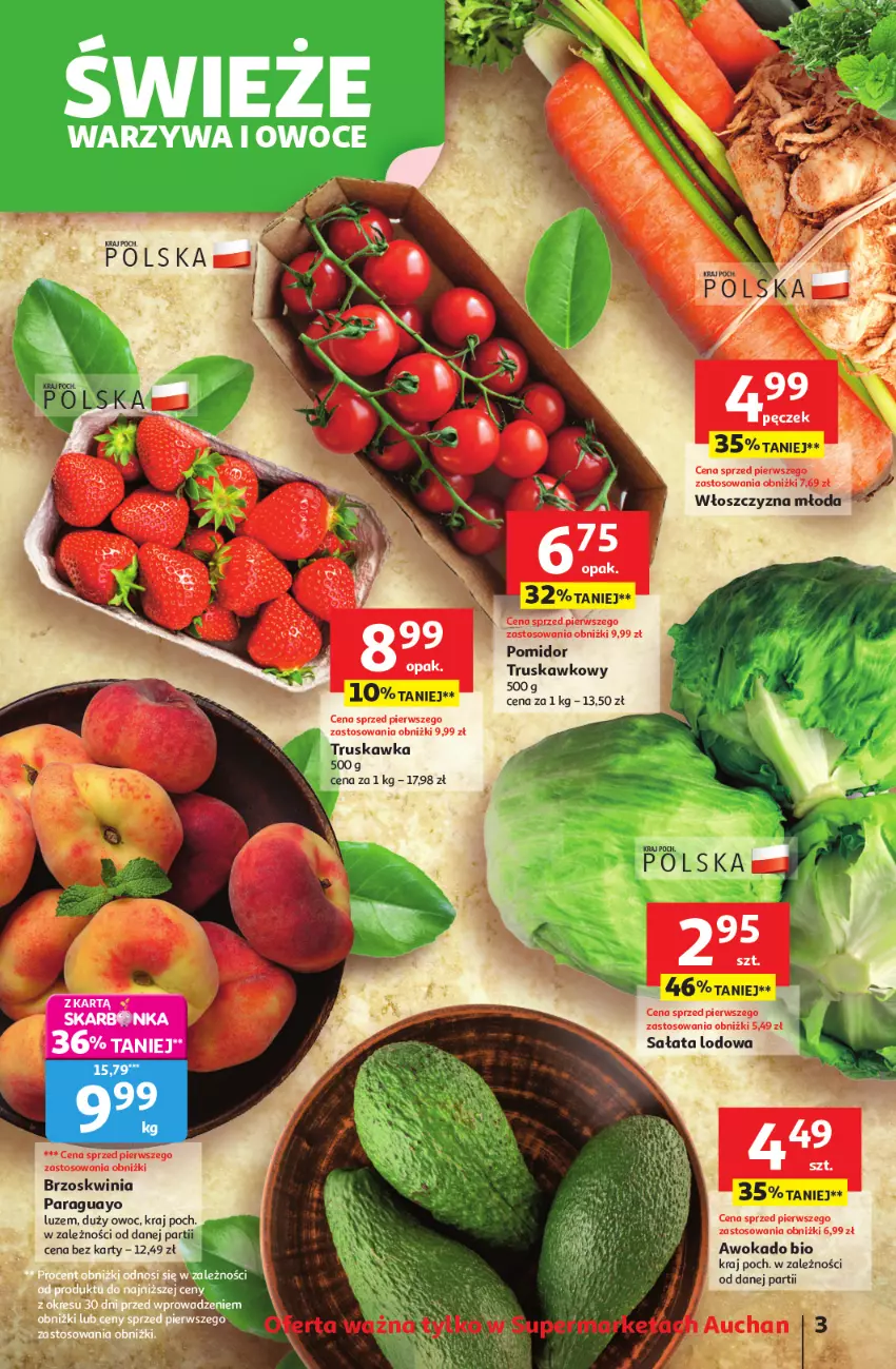 Gazetka promocyjna Auchan - Pewność niskich cen Supermarket - ważna 17.07 do 23.07.2025 - strona 3 - produkty: Fa, Owoce, Sałat, Sałata lodowa, Sos, Warzywa, Warzywa i owoce