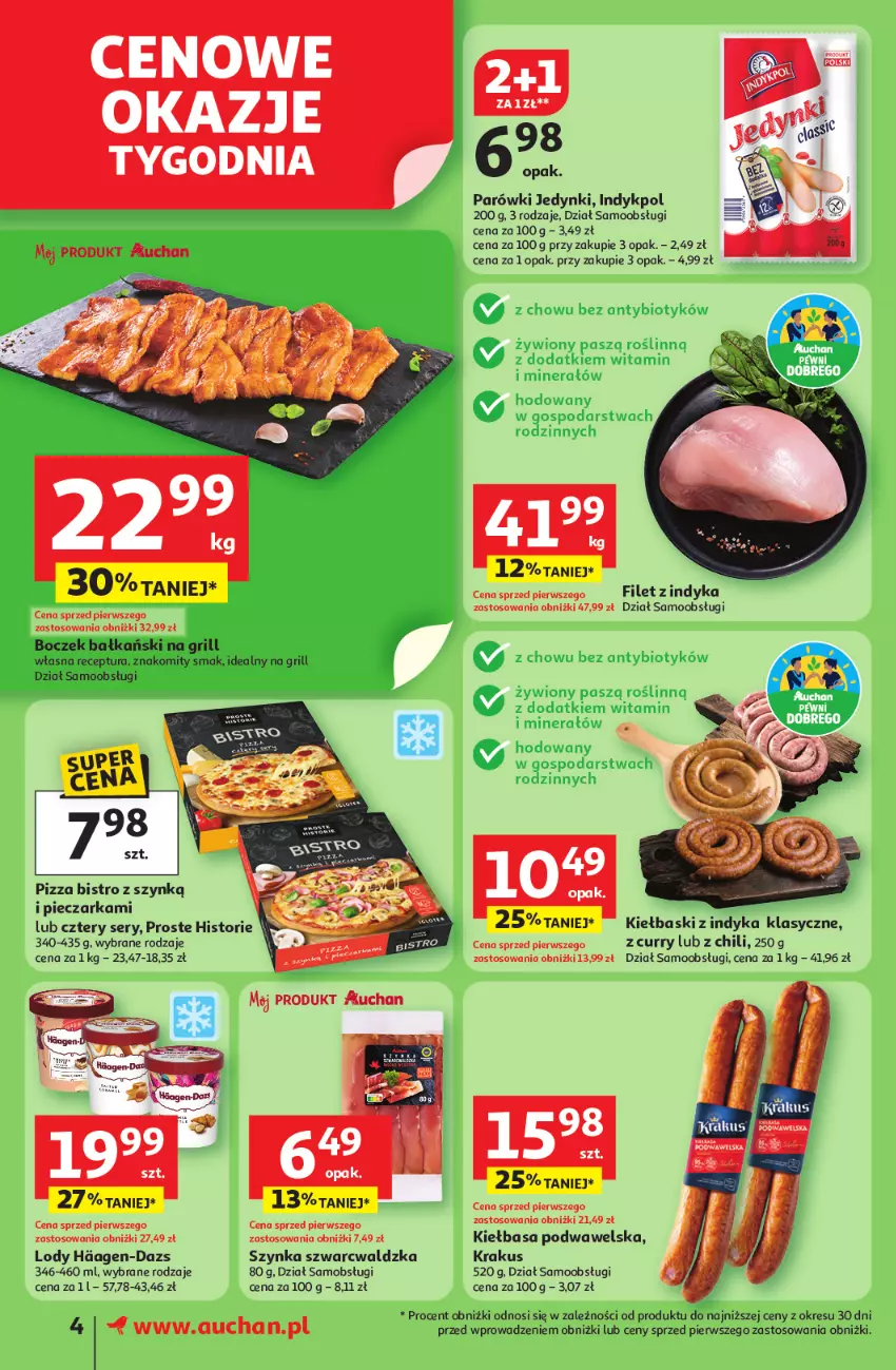 Gazetka promocyjna Auchan - Pewność niskich cen Supermarket - ważna 17.07 do 23.07.2025 - strona 4 - produkty: Boczek, Fa, Grill, Kiełbasa, Krakus, Lody, Parówki, Piec, Pieczarka, Pizza, Ser, Szynka, Wawel