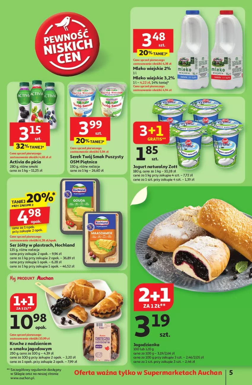 Gazetka promocyjna Auchan - Pewność niskich cen Supermarket - ważna 17.07 do 23.07.2025 - strona 5 - produkty: Activia, Fa, Hochland, Jagodzianka, Jogurt, Jogurt naturalny, Maasdam, Mleko, Piątnica, Ser, Serek, Twój Smak, Zott