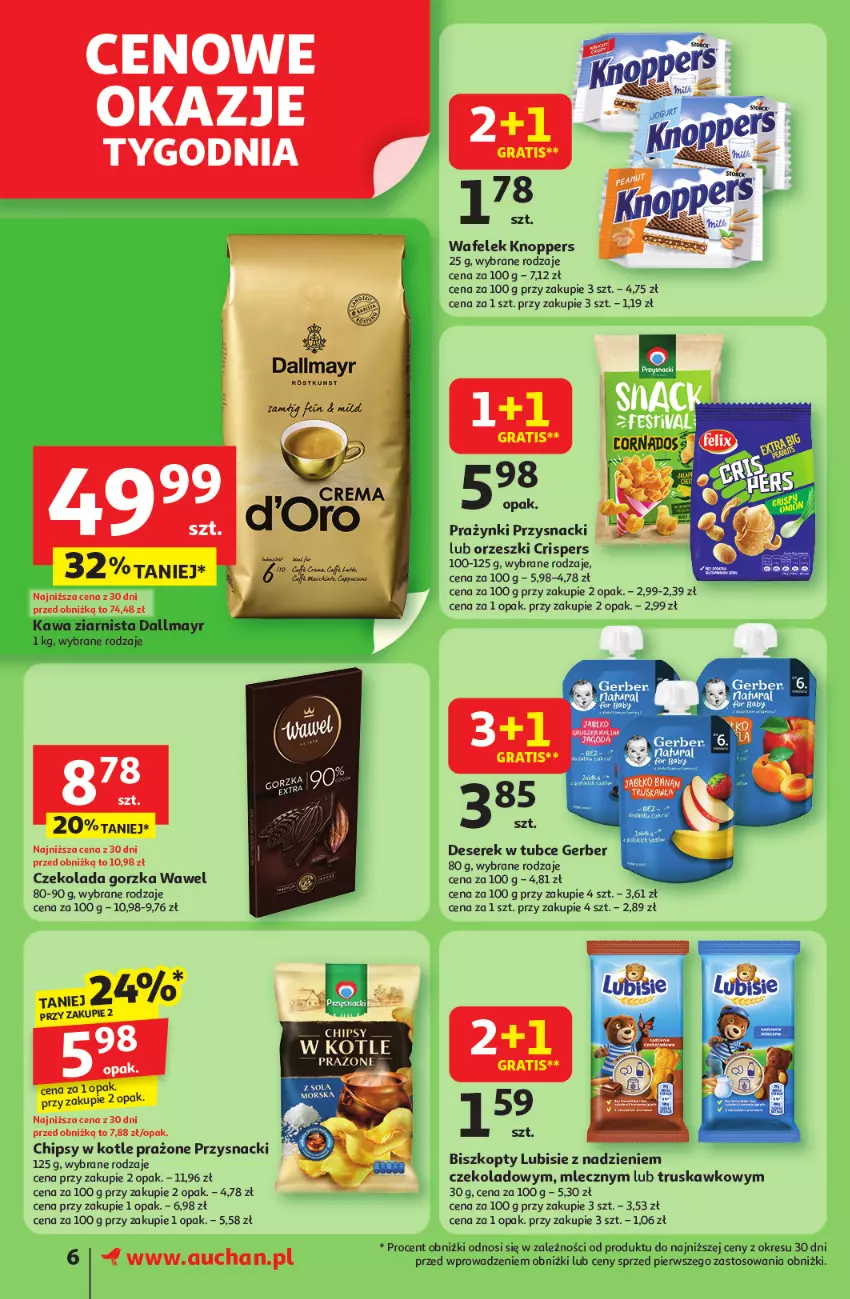 Gazetka promocyjna Auchan - Pewność niskich cen Supermarket - ważna 17.07 do 23.07.2025 - strona 6 - produkty: Biszkopty, Chipsy, Czekolada, Czekolada gorzka, Dallmayr, Deser, Gerber, Gra, Kawa, Kawa ziarnista, Knoppers, Lubisie, Orzeszki, Przysnacki, Ser, Serek, Wafelek, Wawel