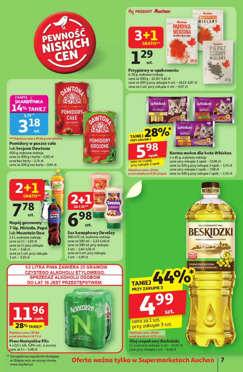 Gazetka promocyjna Auchan - Pewność niskich cen Supermarket - ważna 17.07 do 23.07.2025 - strona 7 - produkty: Beskidzki, Dawtona, Gra, Mirinda, Namysłów, Napój, Olej, Olej rzepakowy, Pepsi, Piwa, Piwo, Pomidory, Przyprawy, Sos, Whiskas