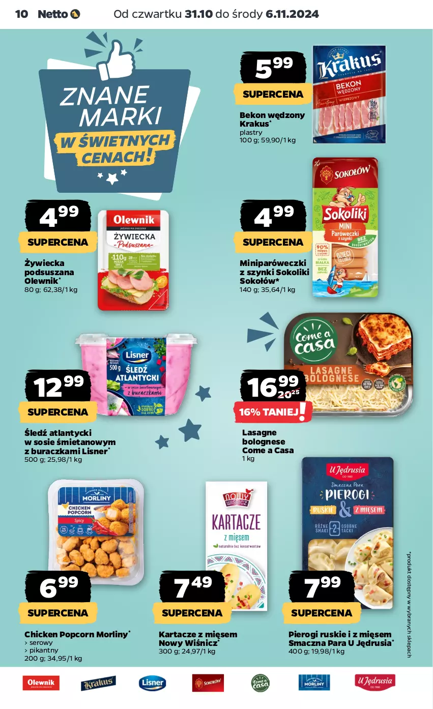 Gazetka promocyjna Netto - Od Czwartku - ważna 31.10 do 06.11.2024 - strona 10 - produkty: Beko, Krakus, Lasagne, Lasagne bolognese, Lisner, Morliny, Olewnik, Pierogi, Popcorn, Ser, Sok, Sokołów, Sos