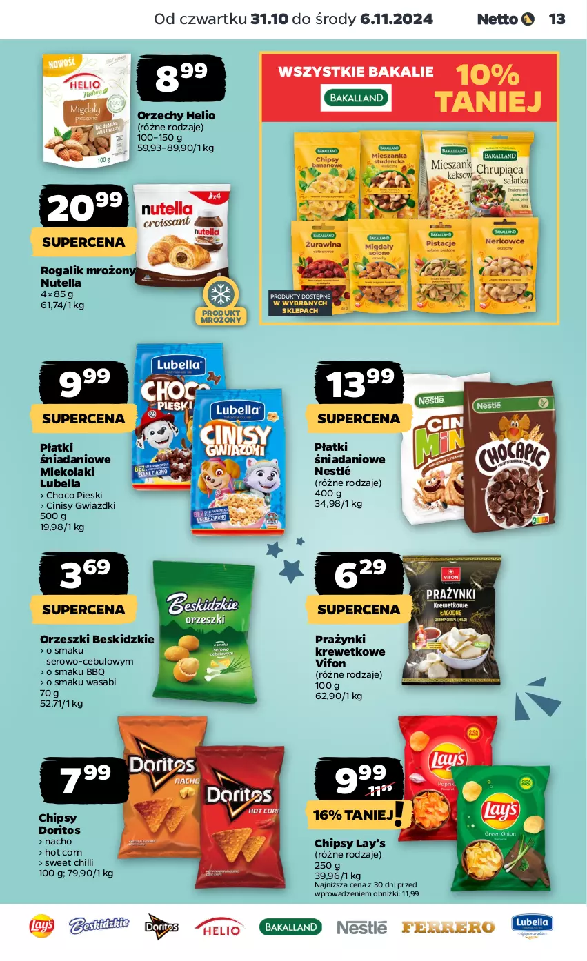 Gazetka promocyjna Netto - Od Czwartku - ważna 31.10 do 06.11.2024 - strona 13 - produkty: Bell, Bella, Beskidzki, Chipsy, Danio, Helio, Lay’s, Lubella, Mleko, Nestlé, Nutella, Orzeszki, Rogal, Ser, Wasa