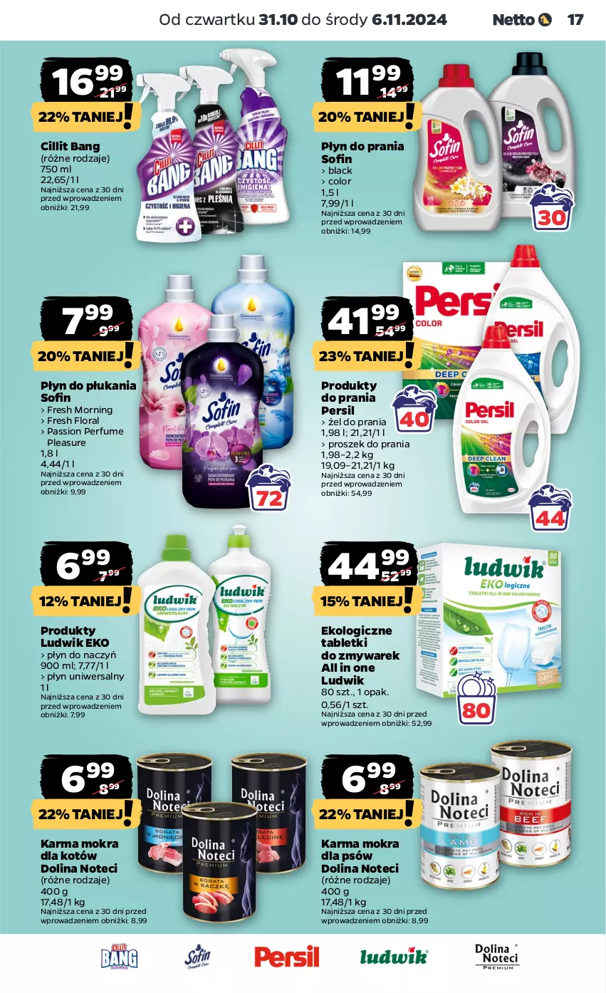 Gazetka promocyjna Netto - Od Czwartku - ważna 31.10 do 06.11.2024 - strona 17 - produkty: Cillit Bang, Flora, Karma mokra dla kotów, Lack, Ludwik, Perfum, Persil, Płyn do płukania, Płyn do prania, Proszek do prania, Tablet