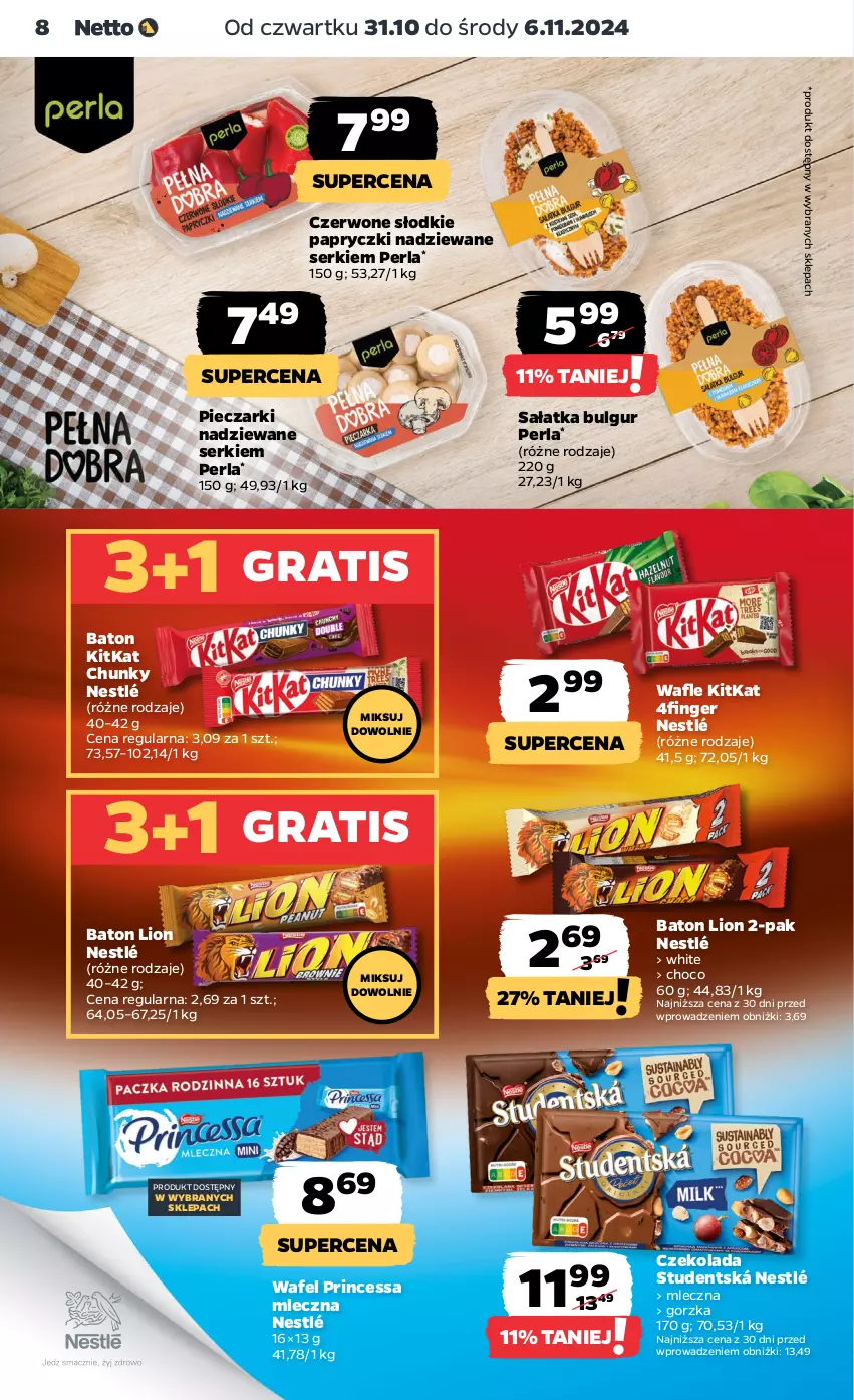 Gazetka promocyjna Netto - Od Czwartku - ważna 31.10 do 06.11.2024 - strona 8 - produkty: Baton, Bulgur, Czekolada, Gra, LG, Lion, Nestlé, Papryczki nadziewane, Piec, Princessa, Sałat, Sałatka, Ser